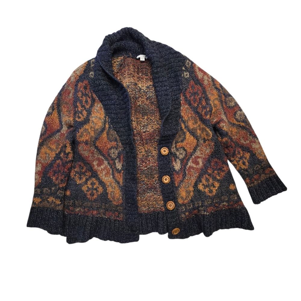 J. Jill Shawl Collar Button Front Patterned Cardigan in Navy, Rust, Gold - Picture 2 of 9